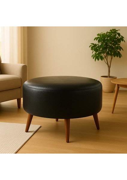 Büyük Yuvarlak Puf - Deri Kumaş - Ahşap Ayak - Siyah