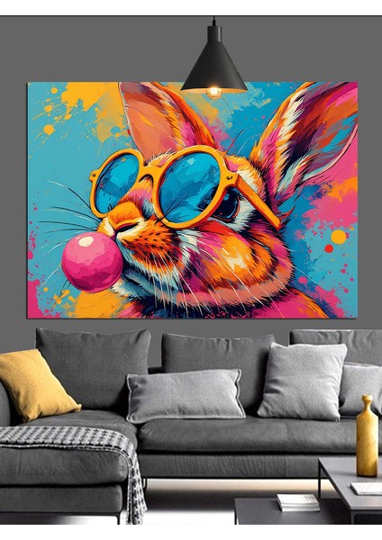 Gözlüklü Renkli Tavşan Çizimi Dekoratif Kanvas - Mdf Ahşap Tablo