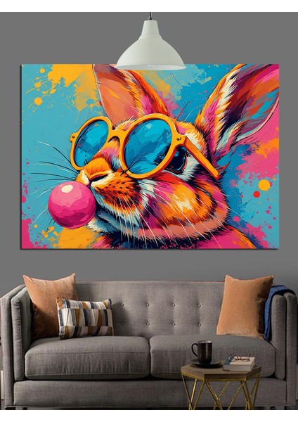 Gözlüklü Renkli Tavşan Çizimi Dekoratif Kanvas - Mdf Ahşap Tablo fiyatları