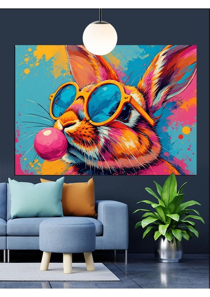 Gözlüklü Renkli Tavşan Çizimi Dekoratif Kanvas - Mdf Ahşap Tablo fırsatları