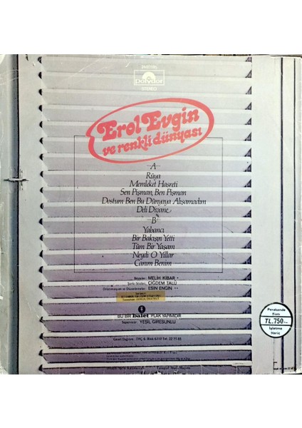 Erol Evgin – ve Renkli Dünyas Lp fiyatları