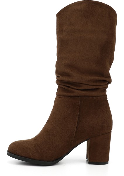 Kadın Kahve Yuvarlak Burun Körüklü Kalın Topuklu Çizme