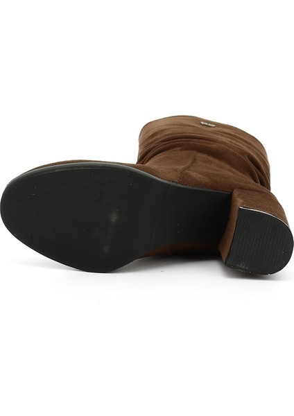 Kadın Kahve Yuvarlak Burun Körüklü Kalın Topuklu Çizme