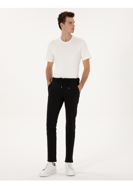 Erkek Siyah Slim Fit Beli Lastikli Kordonlu Jogger Kanvas Pantolon 50317281-VR046 modelleri