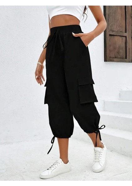 Kadın Yüksek Bel Beli Lastikli Bağcıklı Cepli Kargo Viskon Iki Iplik Pantolon