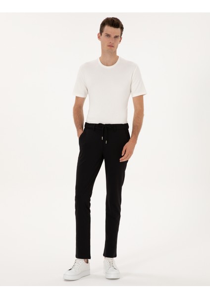 Erkek Siyah Slim Fit Beli Lastikli Kordonlu Jogger Kanvas Pantolon 50317281-VR046