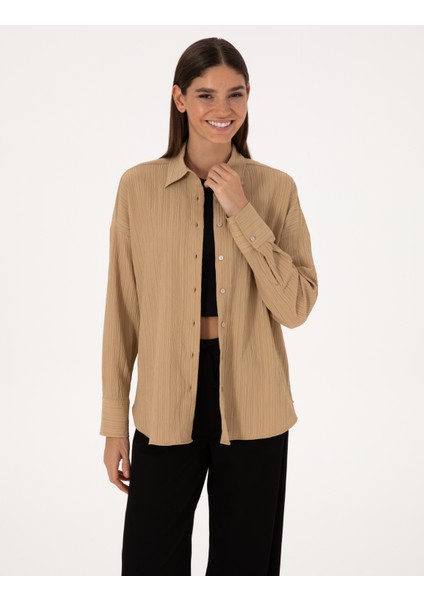Kadın Koyu Bej Oversize Uzun Kollu Gömlek 50318232-VR088