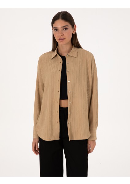 Kadın Koyu Bej Oversize Uzun Kollu Gömlek 50318232-VR088 modelleri
