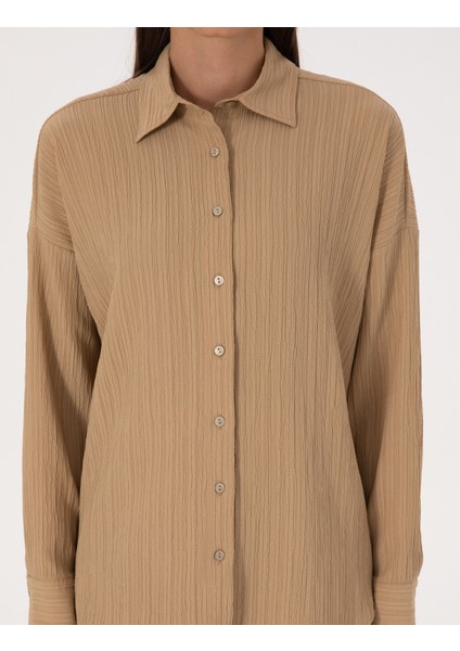 Kadın Koyu Bej Oversize Uzun Kollu Gömlek 50318232-VR088
