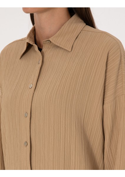 Kadın Koyu Bej Oversize Uzun Kollu Gömlek 50318232-VR088