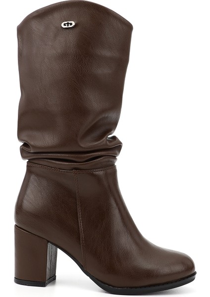 Kadın Kahverengi Yuvarlak Burun Körüklü Kalın Topuklu Çizme