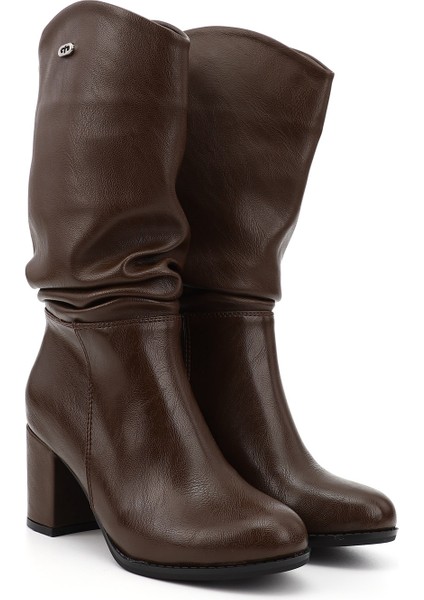 Kadın Kahverengi Yuvarlak Burun Körüklü Kalın Topuklu Çizme fiyatları