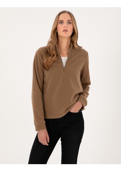 Kadın Camel Comfort Fit Fermuarlı Polar Sweatshirt 50316333-VR015
