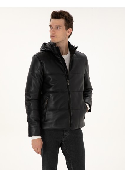 Erkek Siyah Kapüşonlu Suni Deri Ceket 50318153-001 modelleri