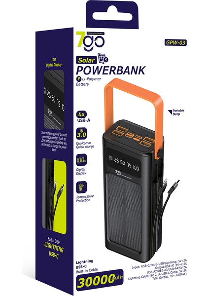 Gpw-03 30.000MAH Solar Powerbank – 4xusb-A, Qualcomm 3.0 Hızlı Şarj, Dahili Lightning & Usb-C Kablo, Dijital Yüzdelik Ekran fırsatları