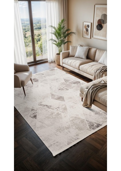 Moon MO104G Krem Halı Geometrik Gri Detaylı Akrilik Pamuk Taban Salon Halısı Yatak Odası Koridor