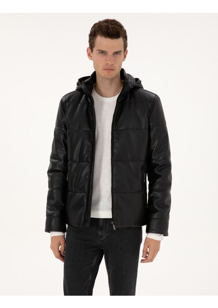 Erkek Siyah Kapüşonlu Suni Deri Ceket 50318153-001