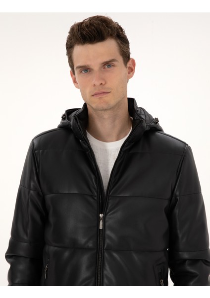 Erkek Siyah Kapüşonlu Suni Deri Ceket 50318153-001 fiyatları