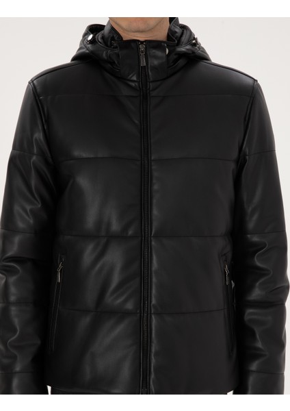 Erkek Siyah Kapüşonlu Suni Deri Ceket 50318153-001