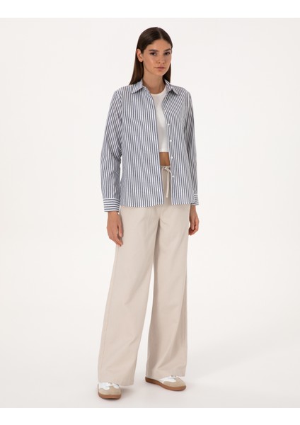 Kadın Lacivert Comfort Fit Uzun Kollu Gömlek 50318226-VR033 fırsatları