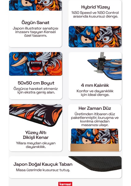 Katana Edition Half Oni Tiger 50X50CM 4mm Hybrid (Control + Speed) Gaming Oyuncu Mouse Pad