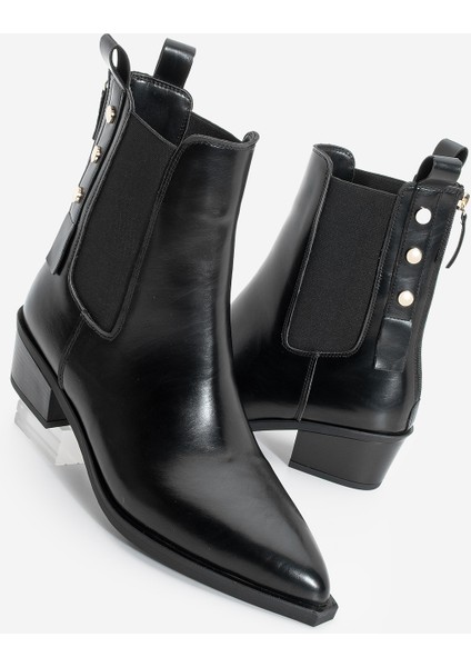 Kadın Sivri Burun Lastikli Kovboy Arkadan Fermuarlı Topuklu Western Bot Esoma Siyah