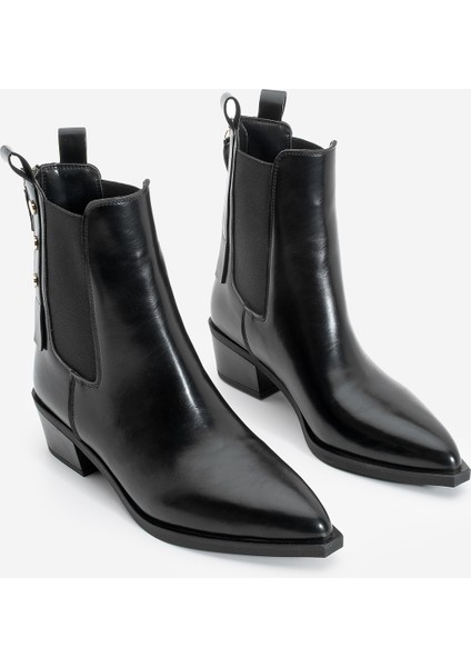 Kadın Sivri Burun Lastikli Kovboy Arkadan Fermuarlı Topuklu Western Bot Esoma Siyah indirimleri