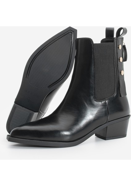 Kadın Sivri Burun Lastikli Kovboy Arkadan Fermuarlı Topuklu Western Bot Esoma Siyah