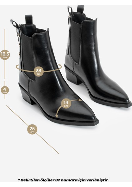 Kadın Sivri Burun Lastikli Kovboy Arkadan Fermuarlı Topuklu Western Bot Esoma Siyah