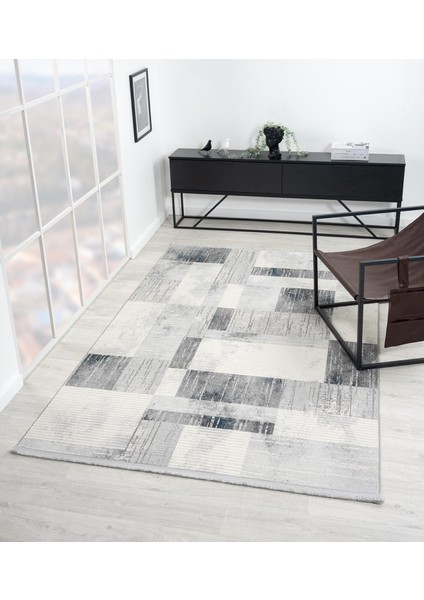 Loya LY005G Gri Halı Geometrik Desenli Antialerjik Pamuk Taban Salon Halısı Yatak Odası Koridor