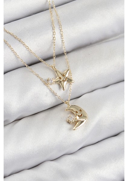 Pirinç Zirkon Taşlı Yıldız ve Ay Model Gold Renk Kadın Kolye
