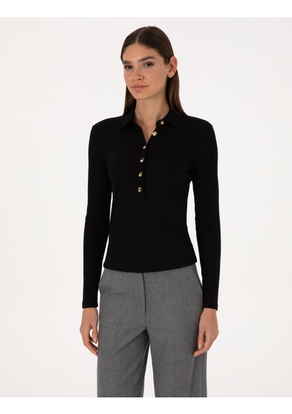 Kadın Siyah Slim Fit Örme Bluz 50309153-VR046