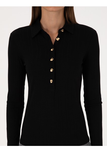 Kadın Siyah Slim Fit Örme Bluz 50309153-VR046