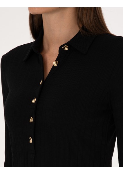 Kadın Siyah Slim Fit Örme Bluz 50309153-VR046