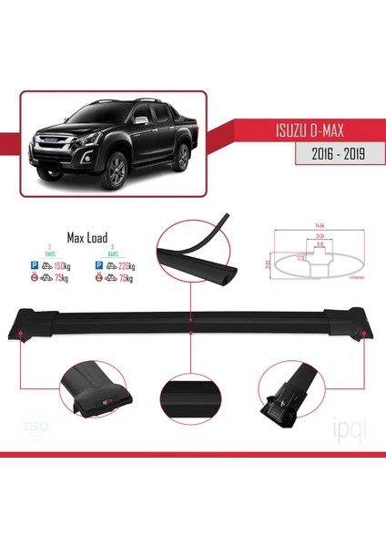 Isuzu D-Max 2 (RT85) Post-Facelift 2016-2019 Arası ile Uyumlu Fly Model Ara Atkı Tavan Barı Siyah 2 Adet indirimleri
