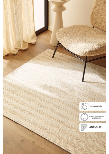 Yıkanabilir Pamuklu Ekru Renk Çizgi Desen Kilim 120 x 180 cm
