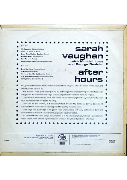 Sarah Vaughan With Mundell Lowe And George Duvivier – After Hours Lp fiyatları
