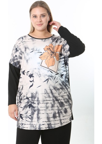 Yünlü Viskon Desenli Likralı Kadın Büyük Beden Tunik