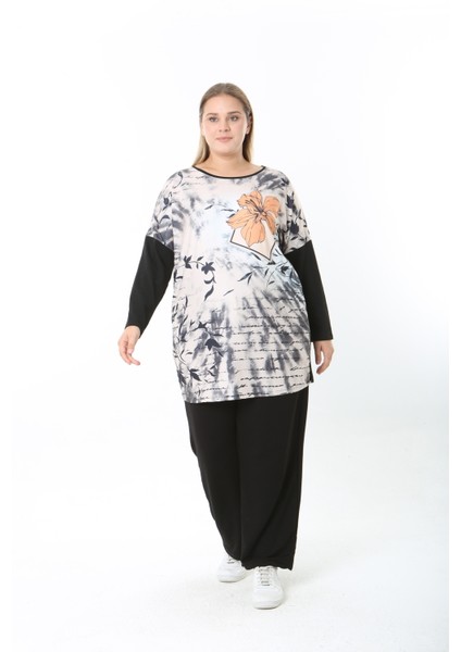 Yünlü Viskon Desenli Likralı Kadın Büyük Beden Tunik