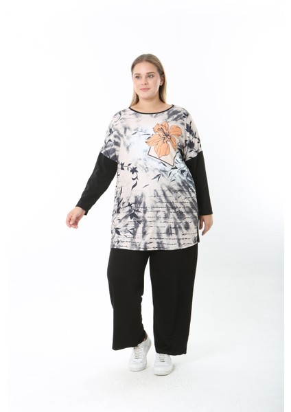 Yünlü Viskon Desenli Likralı Kadın Büyük Beden Tunik