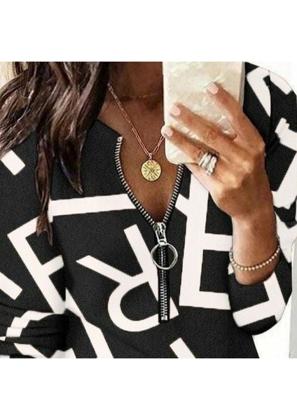 Kadın Uzun Kollu Önden Fermuarlı Harf Baskılı Şardonlu Dalgıç Bluz fiyatları