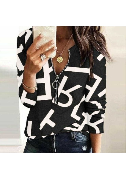 Kadın Uzun Kollu Önden Fermuarlı Harf Baskılı Şardonlu Dalgıç Bluz modelleri