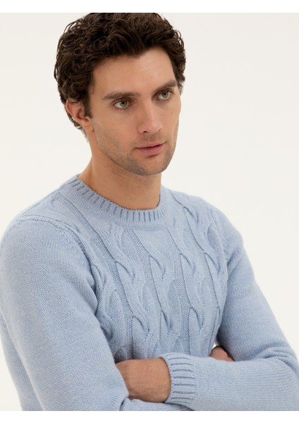 Erkek Açık Mavi Regular Fit Yün Karışımlı Bisiklet Yaka Triko Kazak 50277314-VR003