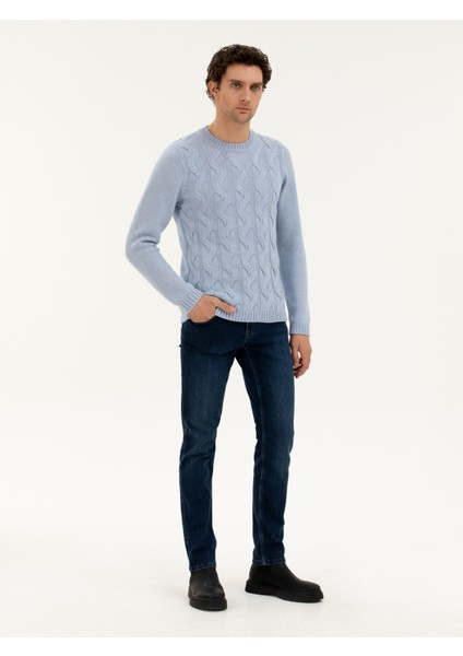 Erkek Açık Mavi Regular Fit Yün Karışımlı Bisiklet Yaka Triko Kazak 50277314-VR003