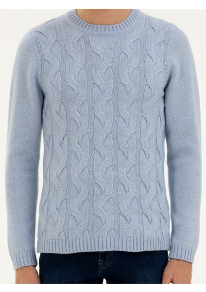 Erkek Açık Mavi Regular Fit Yün Karışımlı Bisiklet Yaka Triko Kazak 50277314-VR003
