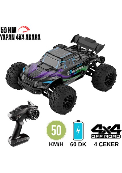 Uzaktan Kumandalı 50 Km/hız Yapan Rc Araba, Suv 4x4 Full Iç Metal Kasa Şarjlı Fonksiyonlu Dev Araba Mor ve Mavi