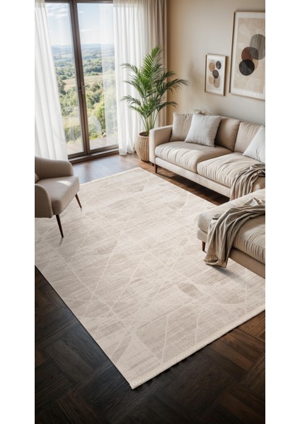 Moon MO105G Krem Halı Geometrik Gri Detaylı Akrilik Pamuk Taban Salon Halısı Yatak Odası Koridor