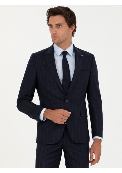 Erkek Lacivert Slim Fit %100 Yün Çizgili Kırlangıç Yaka Takım Elbise 50276505-VR033 fırsatları
