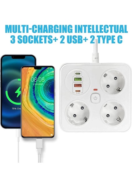 Akım Korumalı Anahtarlı Priz - 3x Priz - 2x USB - 2x Type-C - 2 mt Kablo Hızlı Şarj Özellikli Siyah