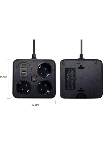 Akım Korumalı Anahtarlı Priz - 3x Priz - 2x USB - 2x Type-C - 2 mt Kablo Hızlı Şarj Özellikli Siyah